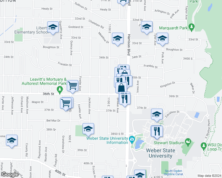 map of restaurants, bars, coffee shops, grocery stores, and more near 1125 36th Street in Ogden