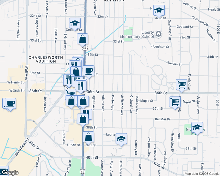 map of restaurants, bars, coffee shops, grocery stores, and more near 3603 Porter Avenue in Ogden