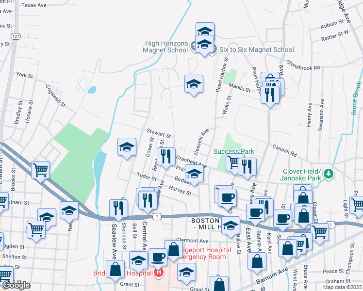 map of restaurants, bars, coffee shops, grocery stores, and more near 57 Granfield Avenue in Bridgeport