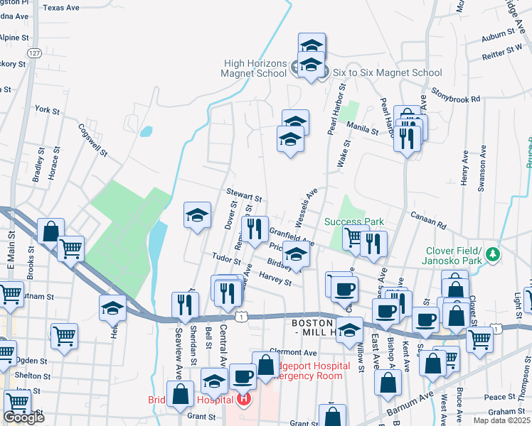 map of restaurants, bars, coffee shops, grocery stores, and more near 275 Palisade Avenue in Bridgeport