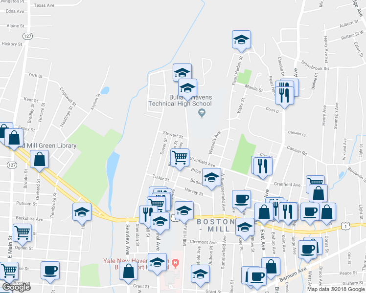 map of restaurants, bars, coffee shops, grocery stores, and more near 275 Palisade Avenue in Bridgeport