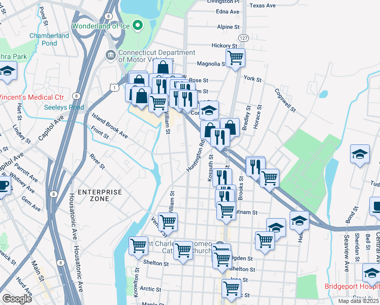 map of restaurants, bars, coffee shops, grocery stores, and more near 1154 Noble Avenue in Bridgeport