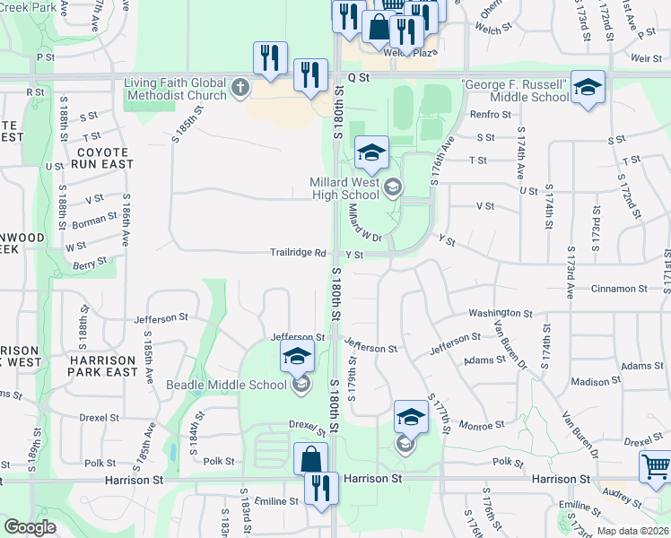 map of restaurants, bars, coffee shops, grocery stores, and more near 17834 Cinnamon Circle in Omaha