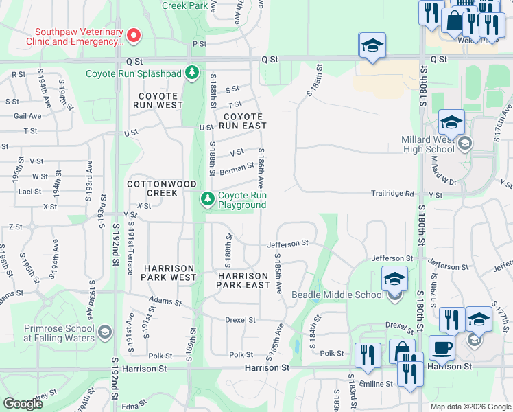 map of restaurants, bars, coffee shops, grocery stores, and more near 5950 186th Avenue in Omaha