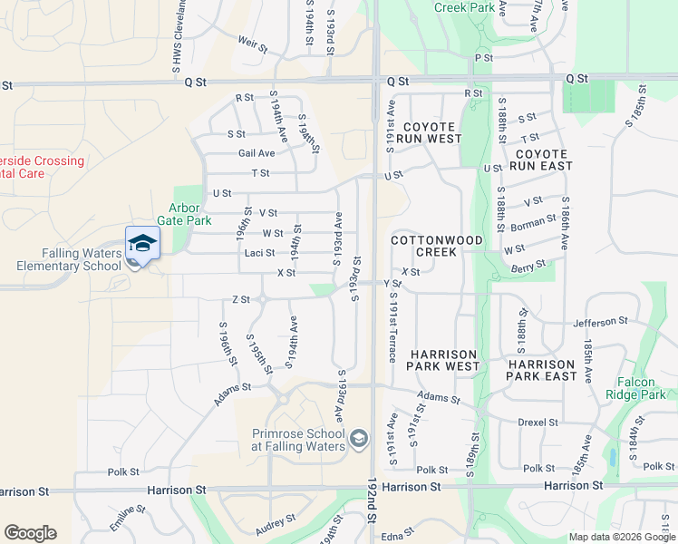 map of restaurants, bars, coffee shops, grocery stores, and more near 6005 South 193rd Avenue in Omaha