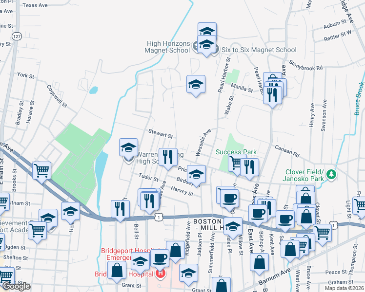 map of restaurants, bars, coffee shops, grocery stores, and more near 360 Palisade Avenue in Bridgeport