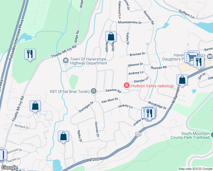 map of restaurants, bars, coffee shops, grocery stores, and more near 9 Dawson Road in Thiells