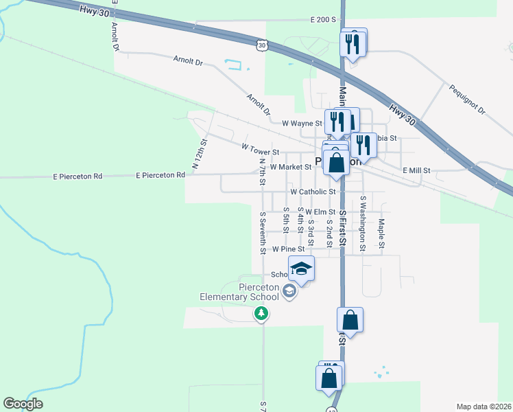 map of restaurants, bars, coffee shops, grocery stores, and more near 603 West Elm Street in Pierceton