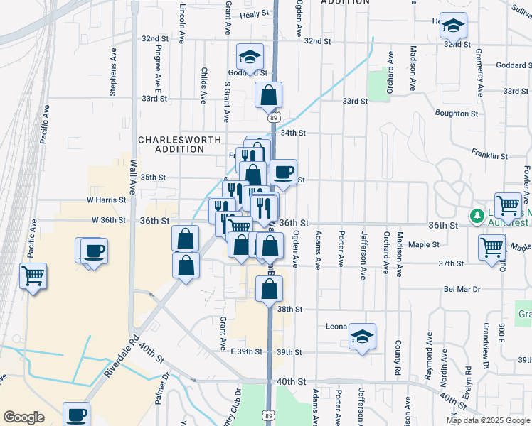 map of restaurants, bars, coffee shops, grocery stores, and more near 357-373 36th Street in South Ogden