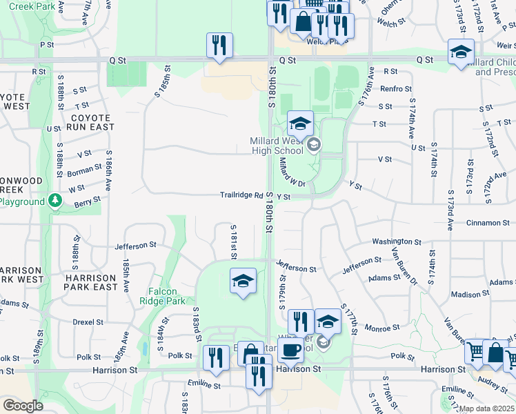 map of restaurants, bars, coffee shops, grocery stores, and more near 6012 South 180th Street in Omaha