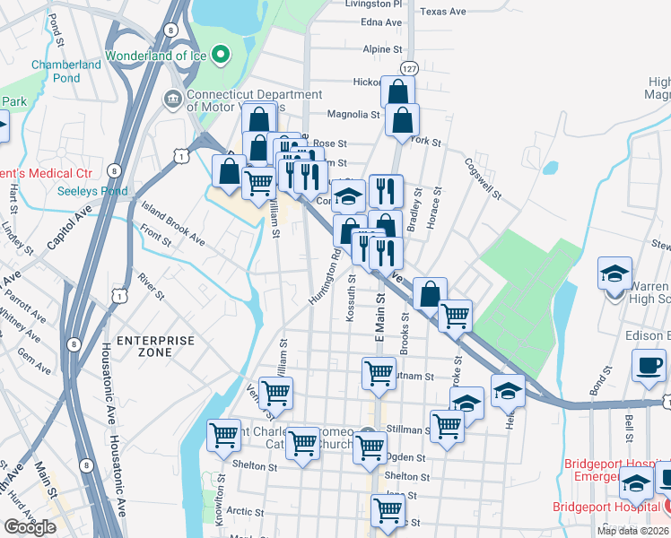 map of restaurants, bars, coffee shops, grocery stores, and more near 442 Huntington Road in Bridgeport