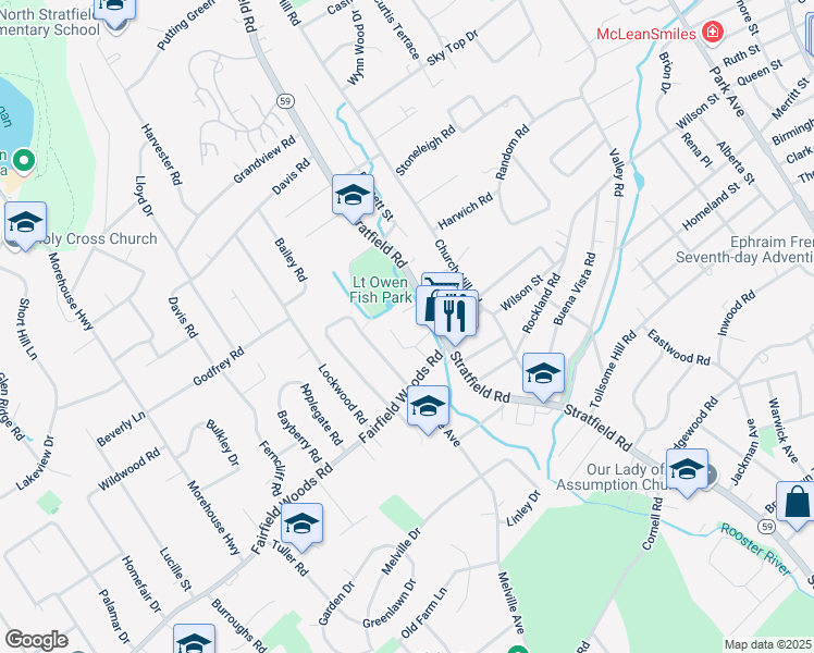 map of restaurants, bars, coffee shops, grocery stores, and more near 1356 Stratfield Road in Fairfield