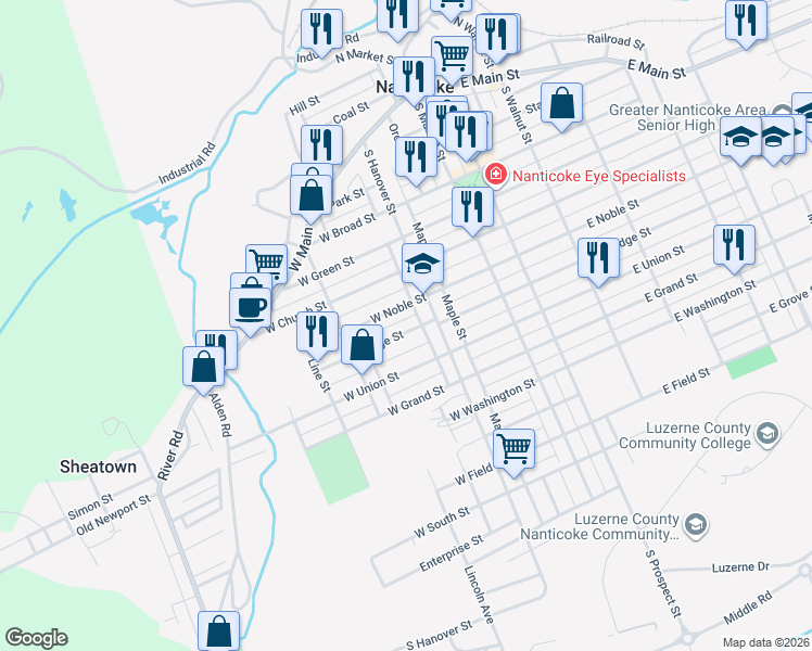 map of restaurants, bars, coffee shops, grocery stores, and more near 113 West Church Street in Nanticoke