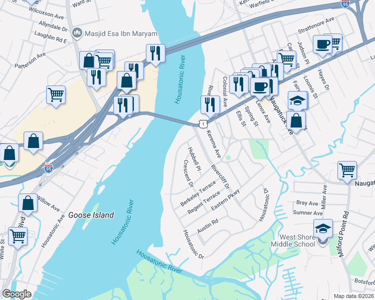 map of restaurants, bars, coffee shops, grocery stores, and more near 3 Crescent Drive in Milford