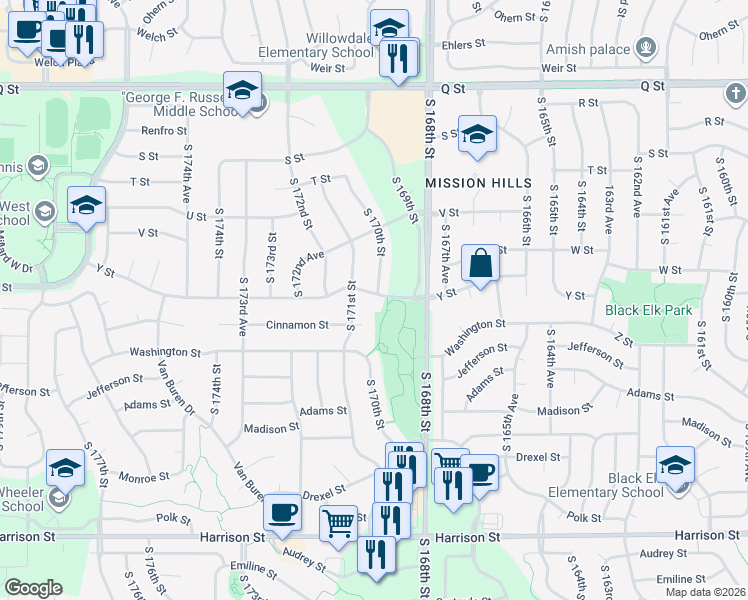 map of restaurants, bars, coffee shops, grocery stores, and more near 5904 South 170th Street in Omaha