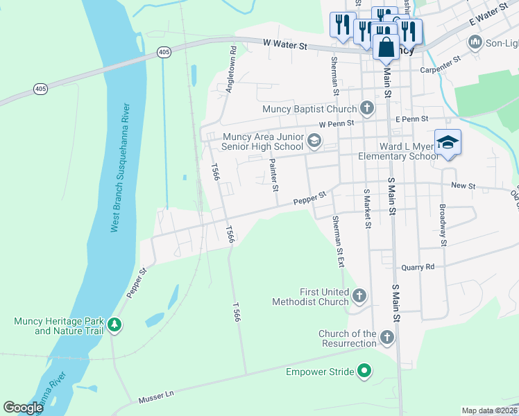 map of restaurants, bars, coffee shops, grocery stores, and more near 100-298 Painter Street in Muncy