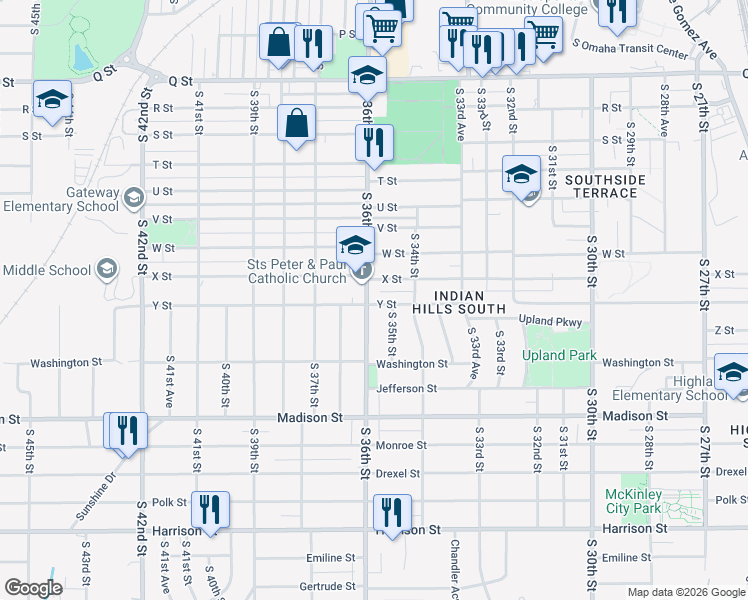map of restaurants, bars, coffee shops, grocery stores, and more near 3434 X Street in Omaha