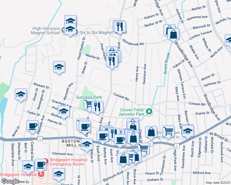 map of restaurants, bars, coffee shops, grocery stores, and more near 440 Success Avenue in Bridgeport