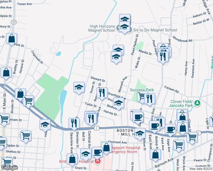 map of restaurants, bars, coffee shops, grocery stores, and more near 75 Stewart Street in Bridgeport