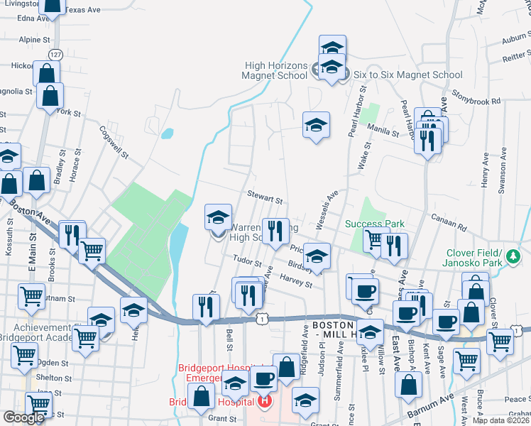 map of restaurants, bars, coffee shops, grocery stores, and more near 413 Dover Street in Bridgeport