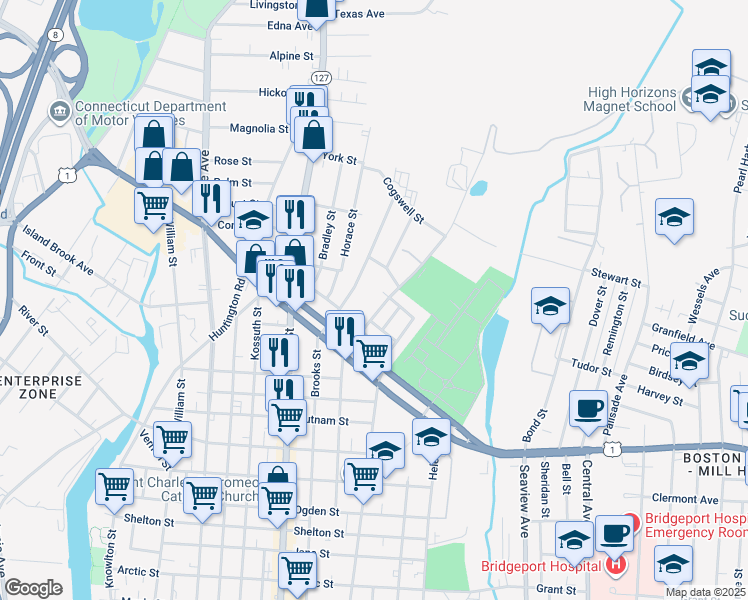 map of restaurants, bars, coffee shops, grocery stores, and more near 40 Rockland Street in Bridgeport