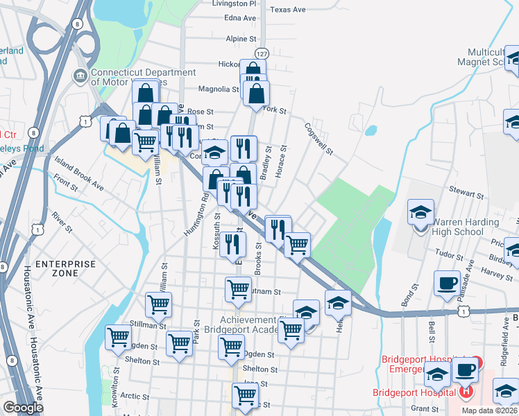 map of restaurants, bars, coffee shops, grocery stores, and more near 68 Bradley Street in Bridgeport