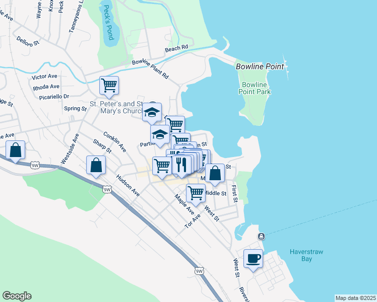 map of restaurants, bars, coffee shops, grocery stores, and more near 70 Broadway in Haverstraw