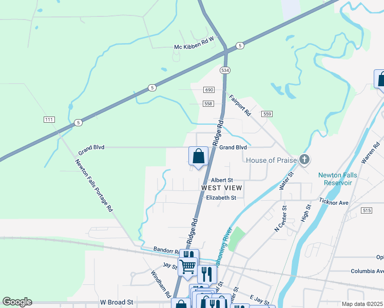 map of restaurants, bars, coffee shops, grocery stores, and more near 5017 Market Street in Newton Falls