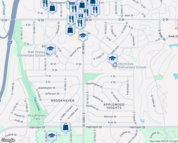 map of restaurants, bars, coffee shops, grocery stores, and more near 10727 Laci Street in Omaha