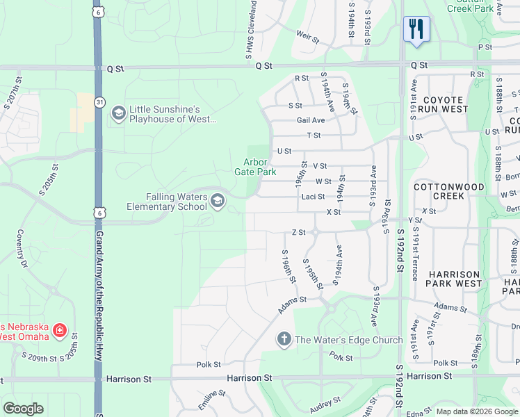 map of restaurants, bars, coffee shops, grocery stores, and more near 19716 X Street in Omaha