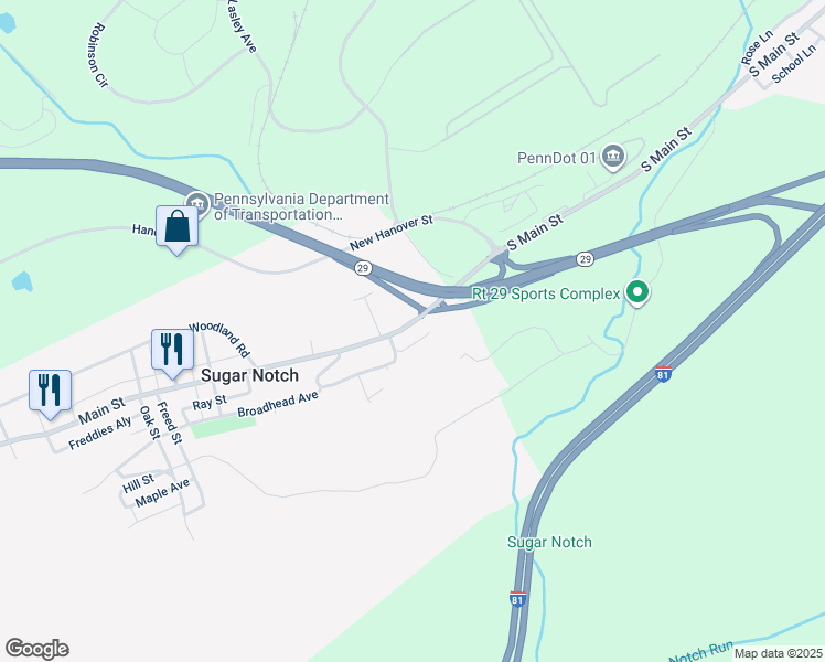 map of restaurants, bars, coffee shops, grocery stores, and more near 542 Main Street in Sugar Notch