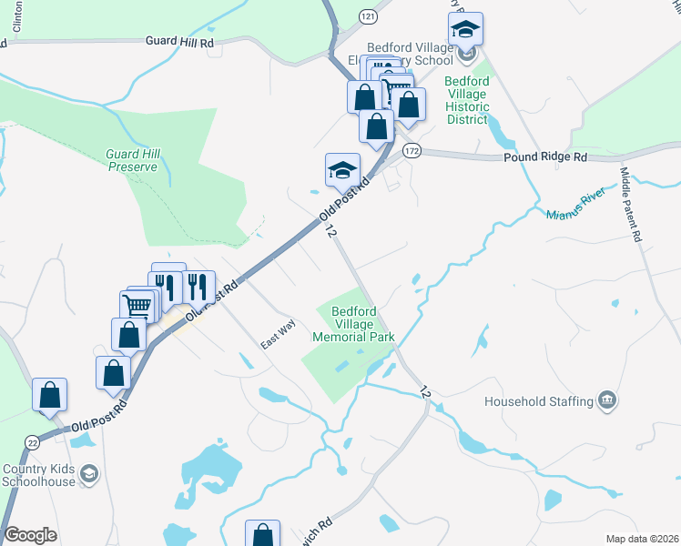 map of restaurants, bars, coffee shops, grocery stores, and more near 24 Greenwich Road in Bedford
