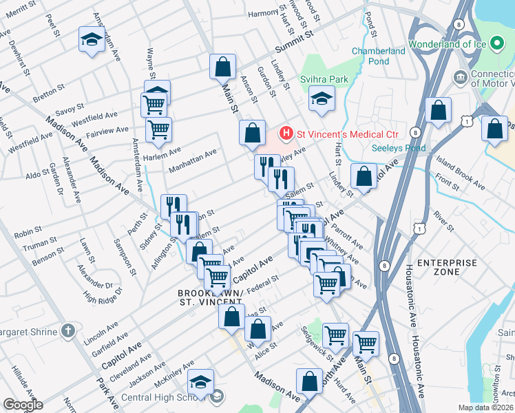 map of restaurants, bars, coffee shops, grocery stores, and more near 276 Salem Street in Bridgeport