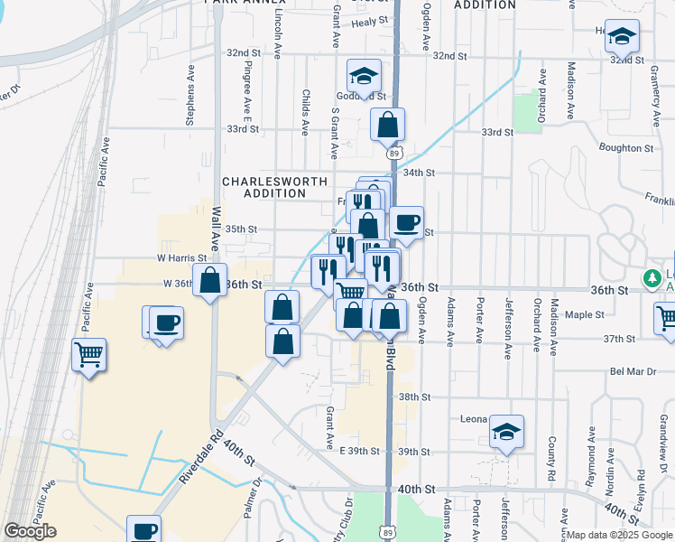 map of restaurants, bars, coffee shops, grocery stores, and more near 3714 Grant Avenue in Ogden