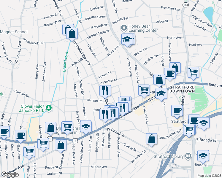 map of restaurants, bars, coffee shops, grocery stores, and more near 59 Summer Street in Stratford