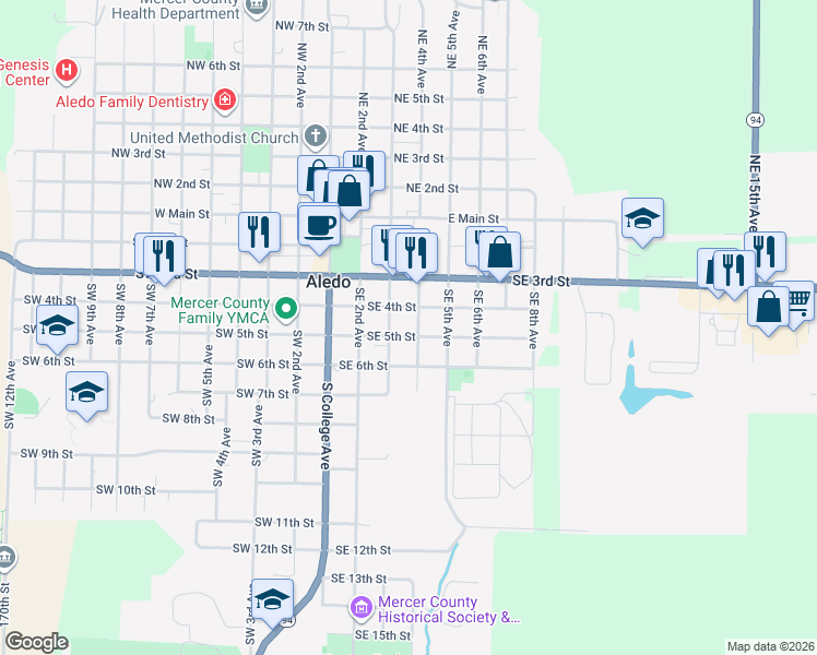 map of restaurants, bars, coffee shops, grocery stores, and more near 401 Southeast 4th Street in Aledo