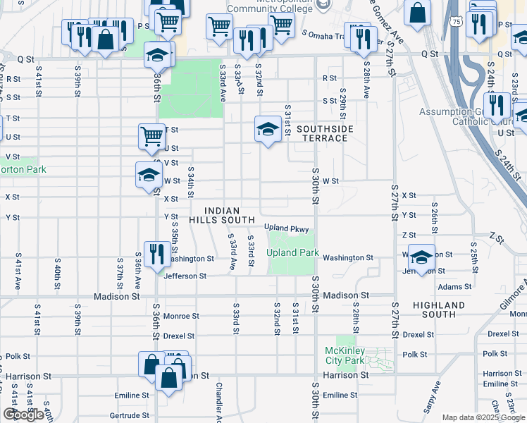 map of restaurants, bars, coffee shops, grocery stores, and more near 3140 X Street in Omaha