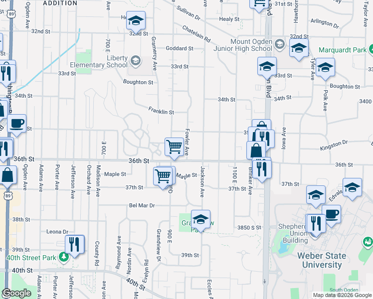 map of restaurants, bars, coffee shops, grocery stores, and more near 3526 Fowler Avenue in Ogden