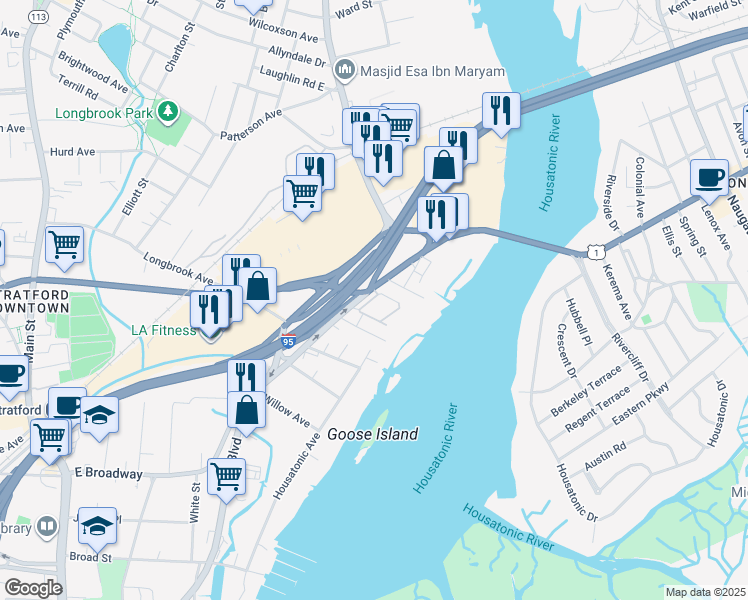 map of restaurants, bars, coffee shops, grocery stores, and more near 31 Ferry Court in Stratford