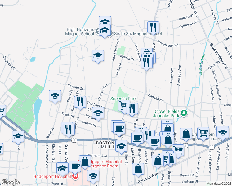 map of restaurants, bars, coffee shops, grocery stores, and more near 216 Pearl Harbor Street in Bridgeport