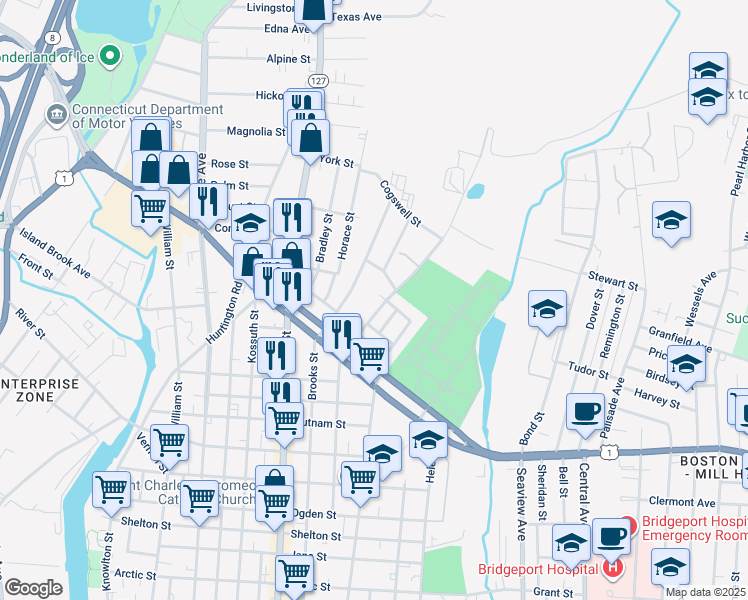 map of restaurants, bars, coffee shops, grocery stores, and more near 40 Rockland Street in Bridgeport
