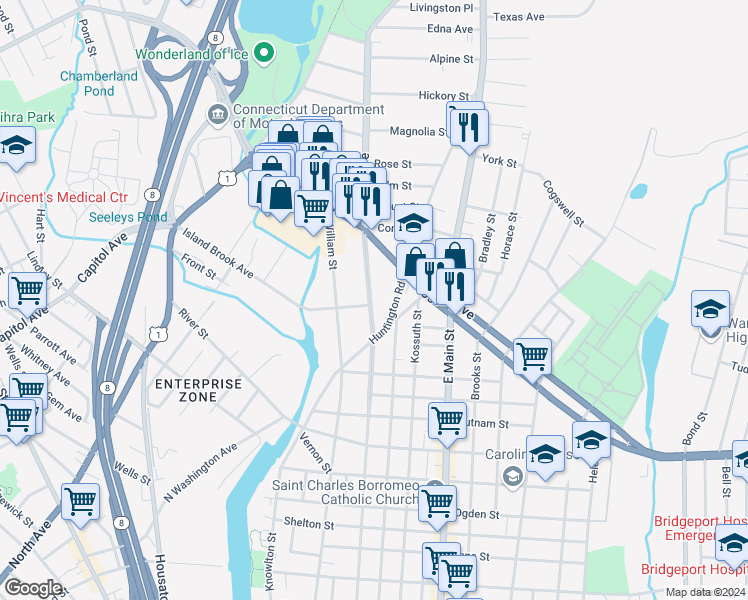 map of restaurants, bars, coffee shops, grocery stores, and more near 1256 Noble Avenue in Bridgeport