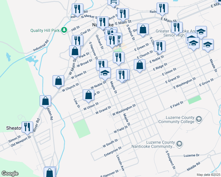 map of restaurants, bars, coffee shops, grocery stores, and more near 501-549 Maple Street in Nanticoke