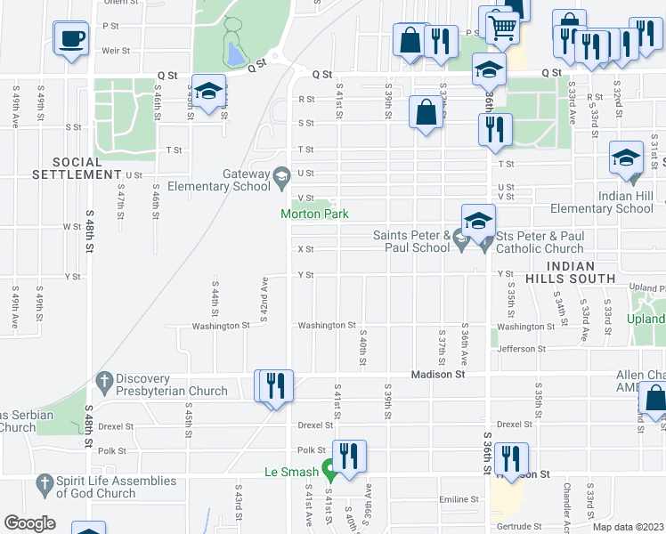 map of restaurants, bars, coffee shops, grocery stores, and more near 3946 X Street in Omaha