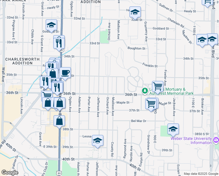 map of restaurants, bars, coffee shops, grocery stores, and more near 3556 Orchard Avenue in Ogden