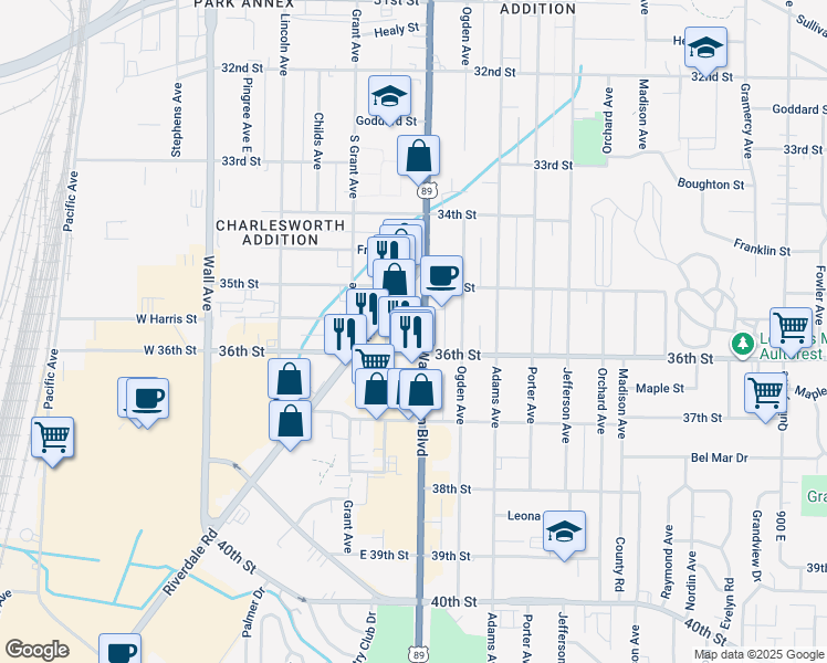 map of restaurants, bars, coffee shops, grocery stores, and more near 3532 Riverdale Road in Ogden