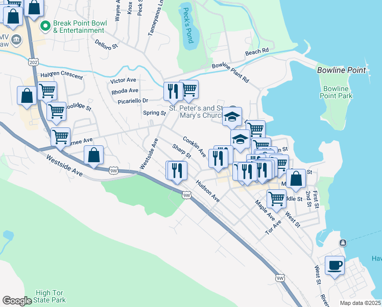 map of restaurants, bars, coffee shops, grocery stores, and more near 46 Conklin Avenue in Haverstraw