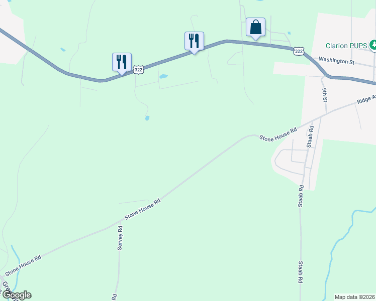 map of restaurants, bars, coffee shops, grocery stores, and more near 732-1398 Stone House Road in Clarion