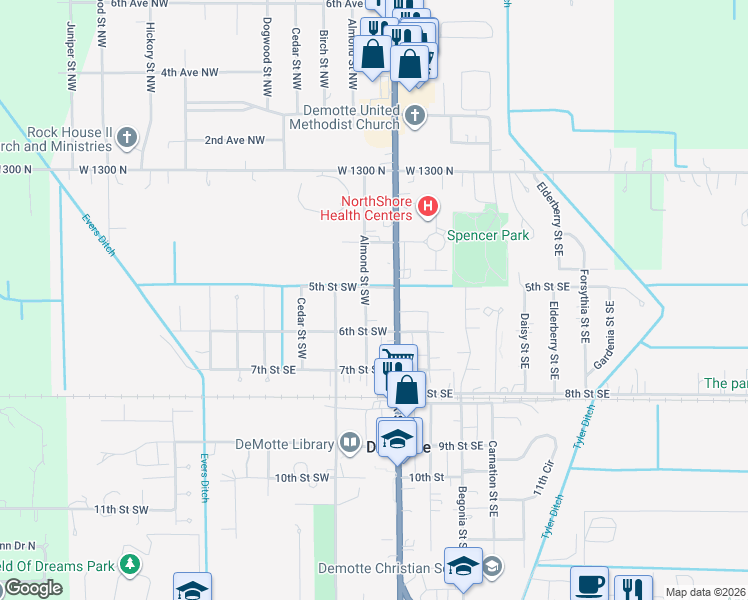 map of restaurants, bars, coffee shops, grocery stores, and more near 5th Street Southwest in De Motte