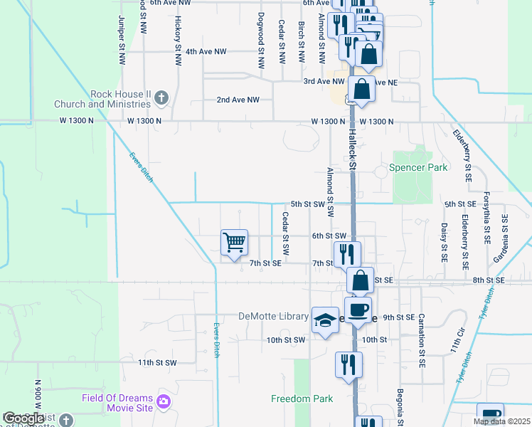 map of restaurants, bars, coffee shops, grocery stores, and more near 501 Dogwood Street Southwest in De Motte